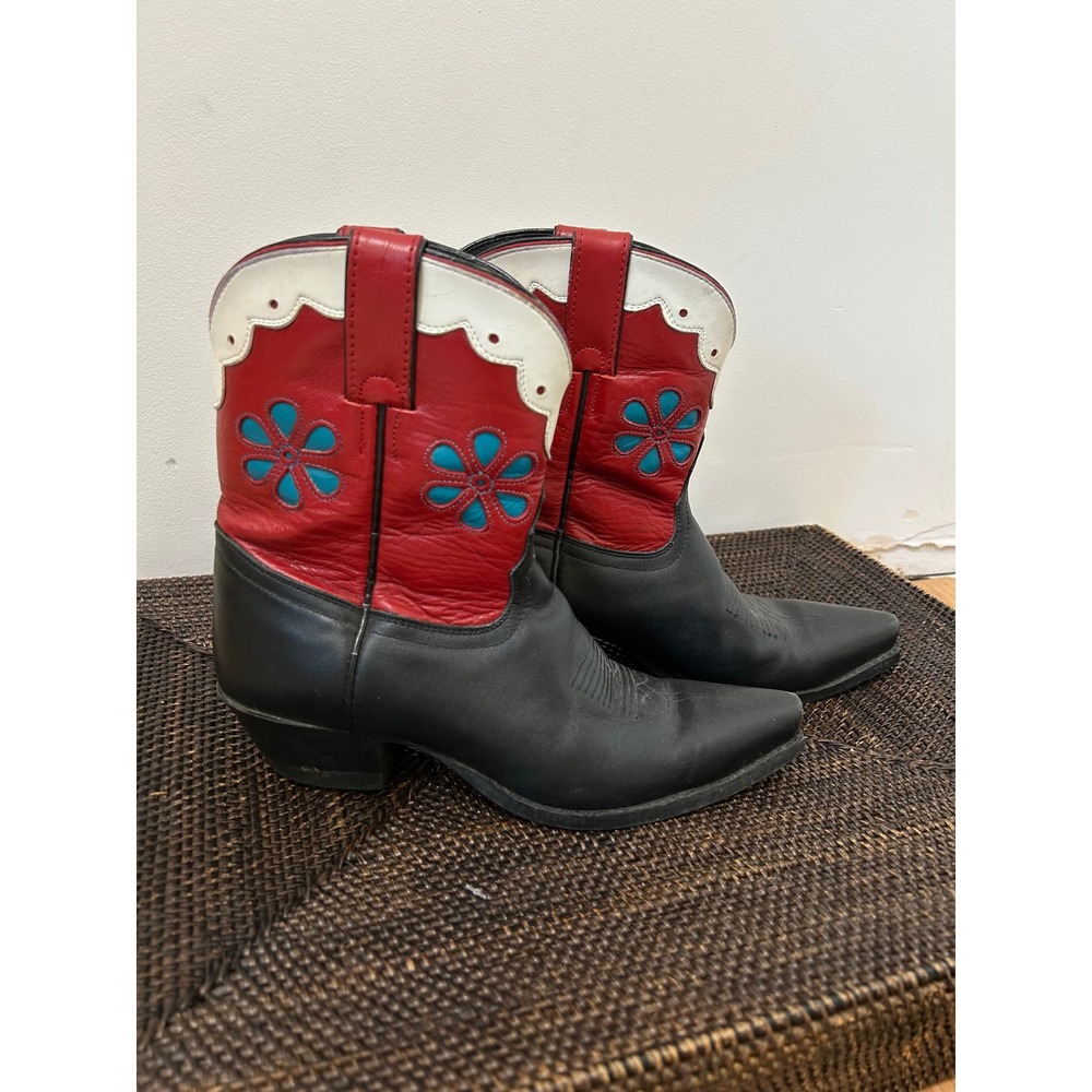 Tony Lama Floral Cutout Western Boots Women 6.5 Black Red Boho Cowgirl